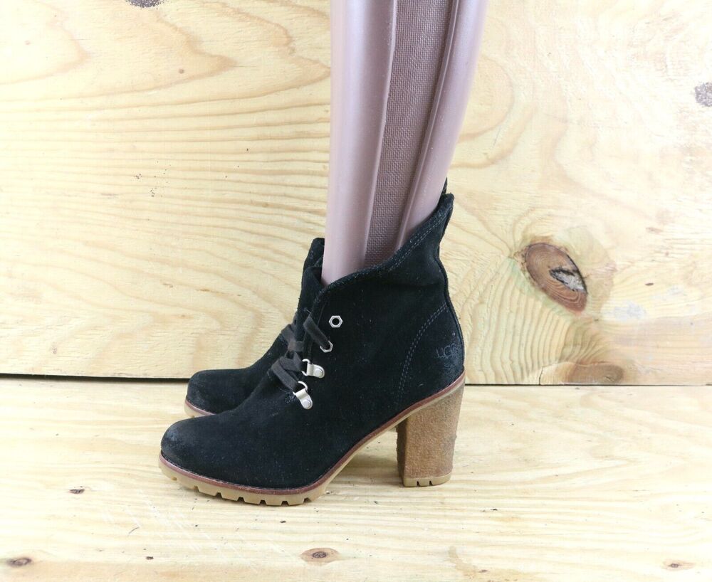 Ugg Boots Womens 7.5 Black Suede Calynda Y2K Ankle High Heels 3.5" Shoes